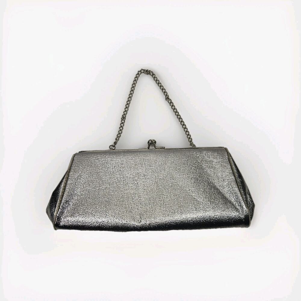 Retro Mod Silver Metallic Evening Bag Purse Clutch Chain Handle